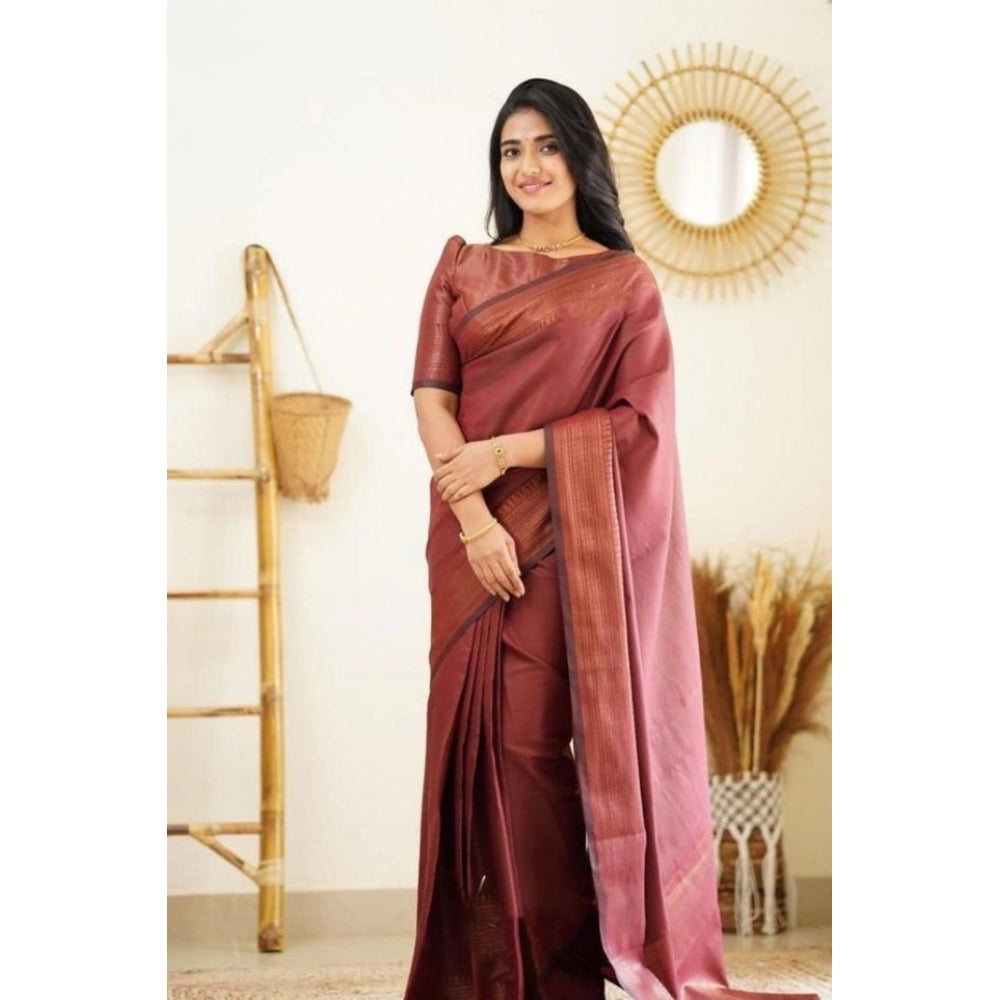 Women's Litchi silk Printed Saree With Unstitched Blouse (Maroon)