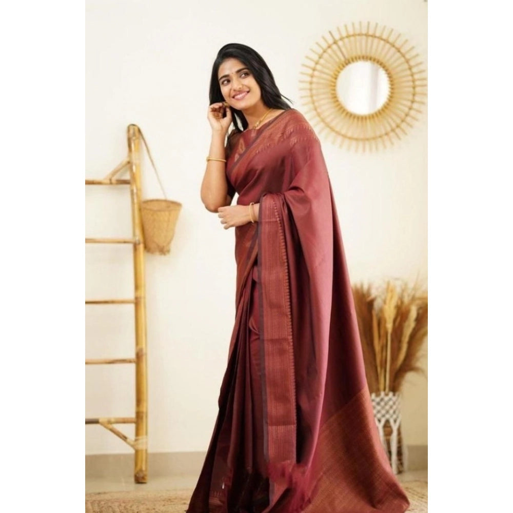 Women's Litchi silk Printed Saree With Unstitched Blouse (Maroon)