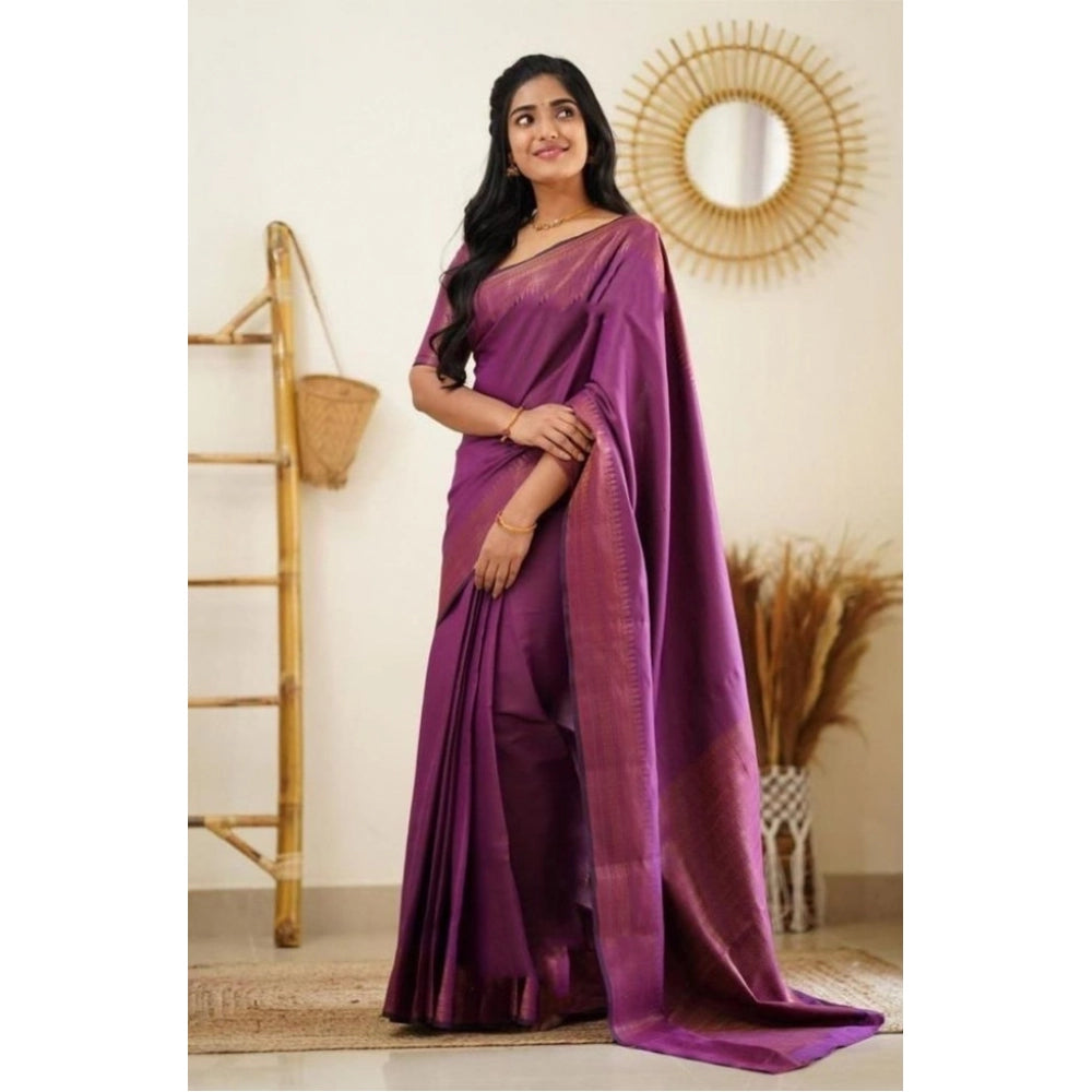 Women's Litchi silk Printed Saree With Unstitched Blouse (Purple)