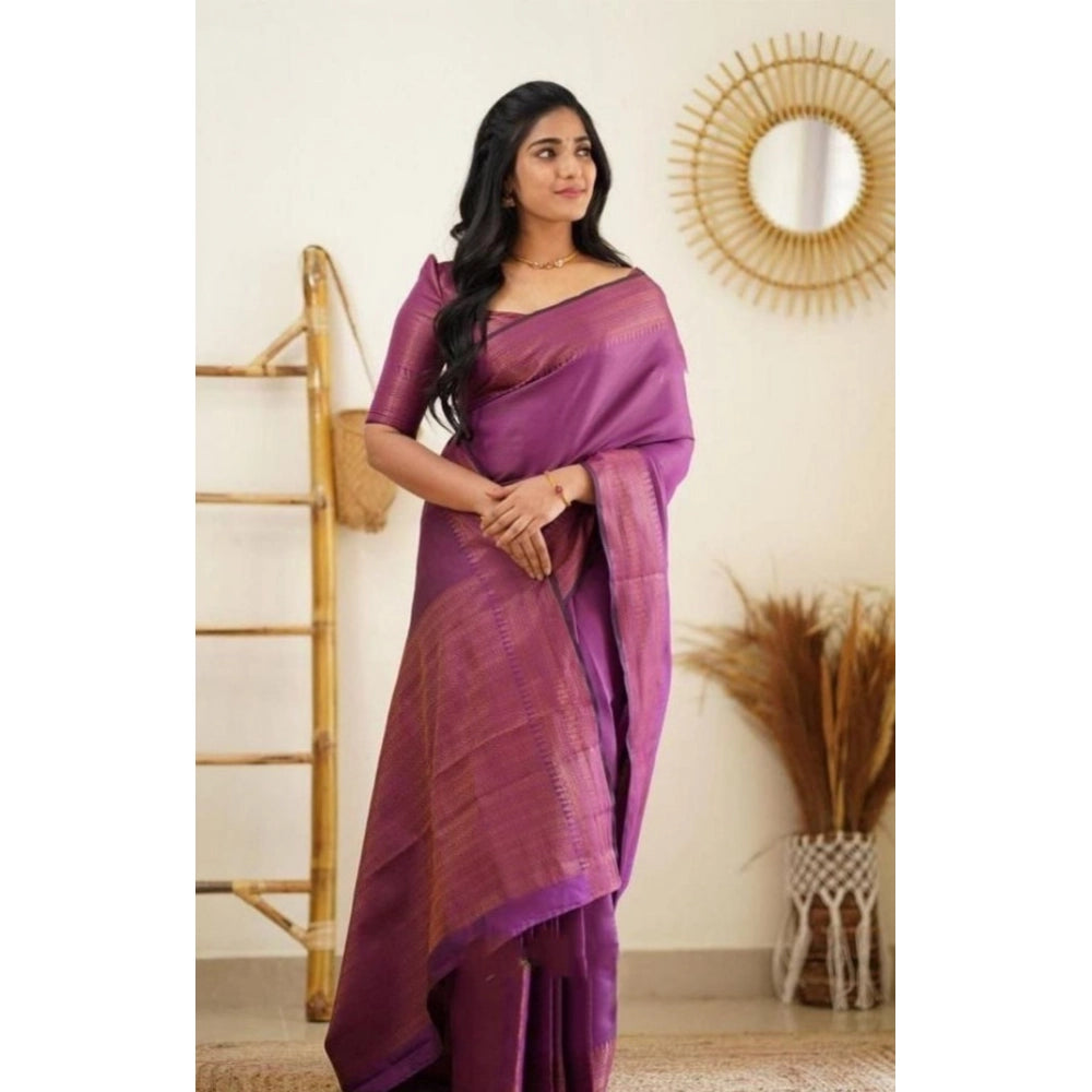 Women's Litchi silk Printed Saree With Unstitched Blouse (Purple)