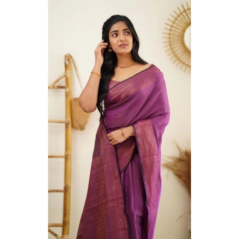 Women's Litchi silk Printed Saree With Unstitched Blouse (Purple)
