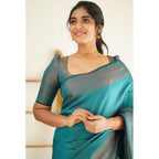Women's Litchi silk Printed Saree With Unstitched Blouse (Rama Blue)