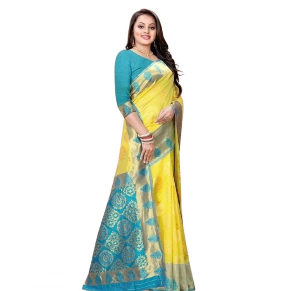 Women's Litchi silk Printed Saree With Unstitched Blouse (Yellow)