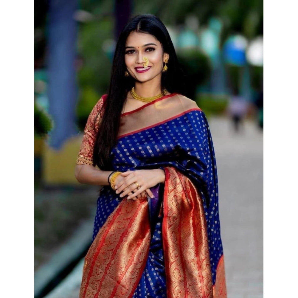 Women's Litchi silk Printed Saree With Unstitched Blouse (Blue)