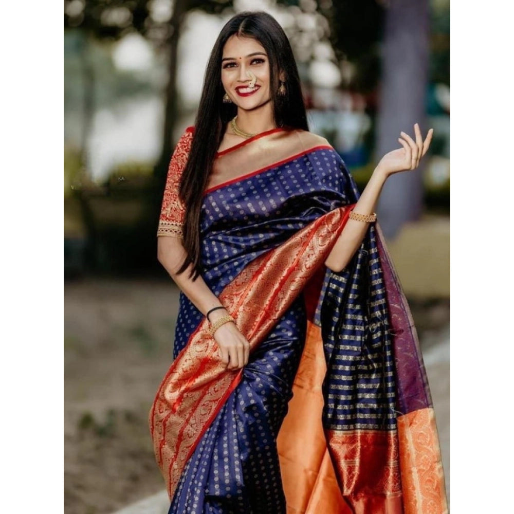Women's Litchi silk Printed Saree With Unstitched Blouse (Blue)