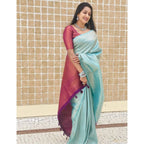Women's Litchi silk Printed Saree With Unstitched Blouse (Blue)