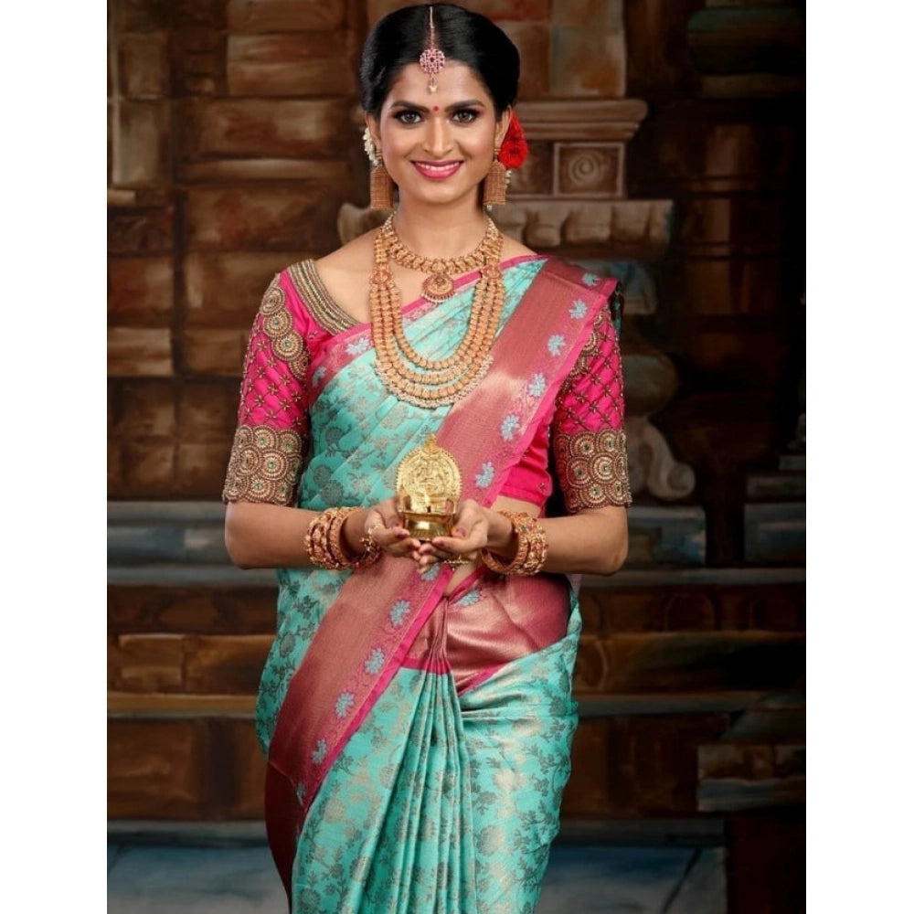 Women's Litchi silk Printed Saree With Unstitched Blouse (Turquise Blue)