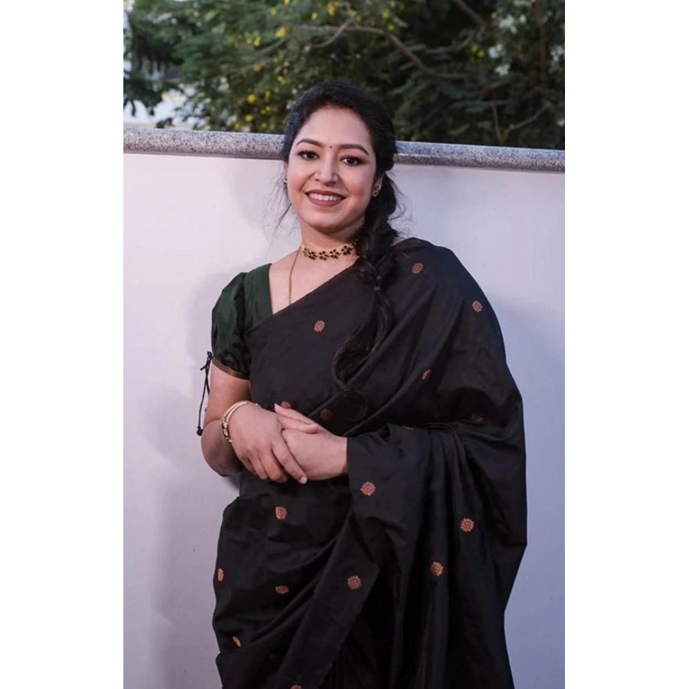 Women's Litchi silk Printed Saree With Unstitched Blouse (Black)