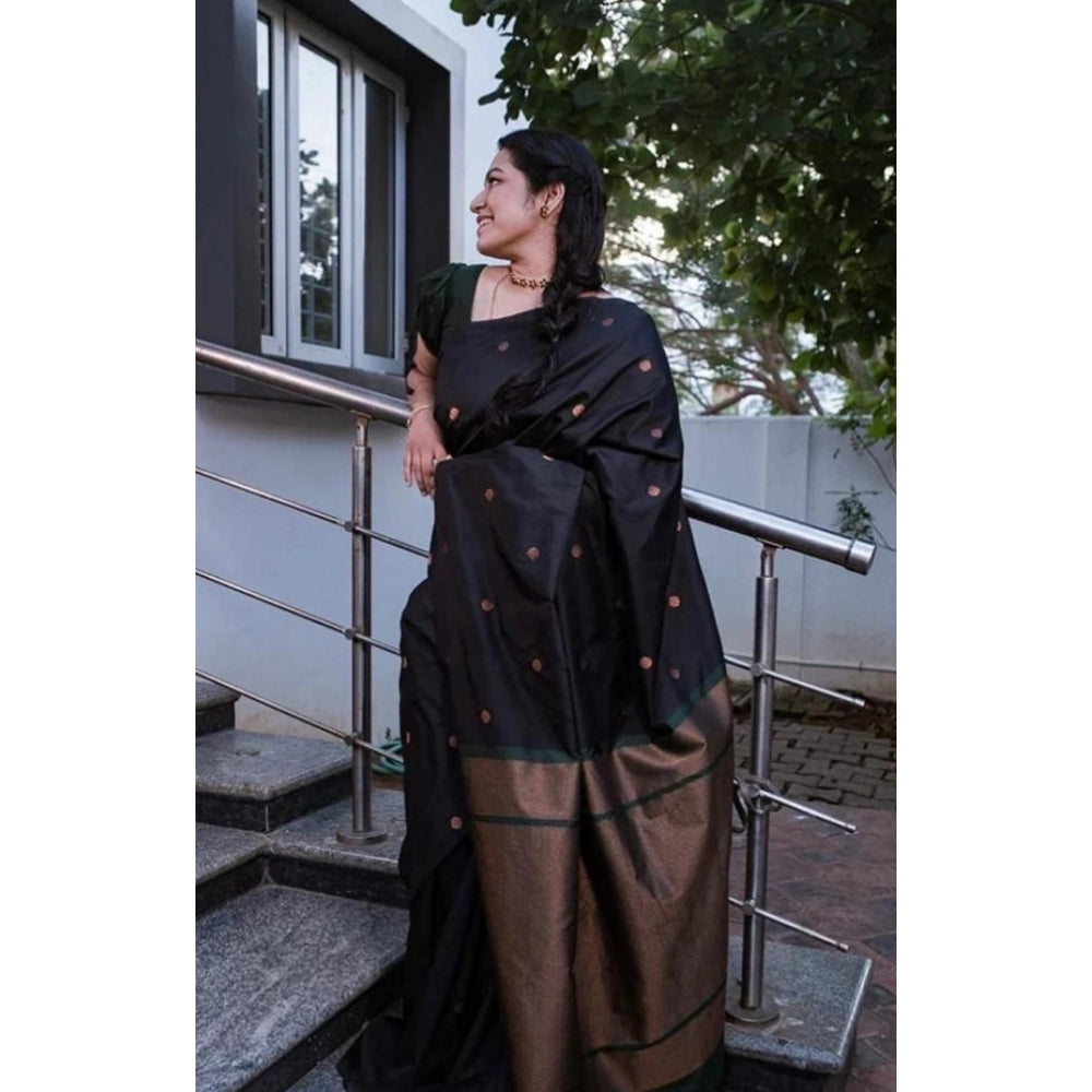 Women's Litchi silk Printed Saree With Unstitched Blouse (Black)