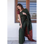 Women's Litchi silk Printed Saree With Unstitched Blouse (Dark Green)
