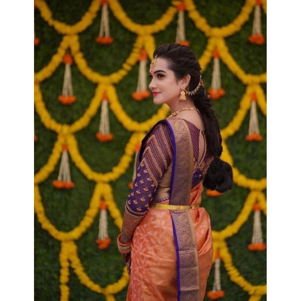 Women's Litchi silk Printed Saree With Unstitched Blouse (Orange)