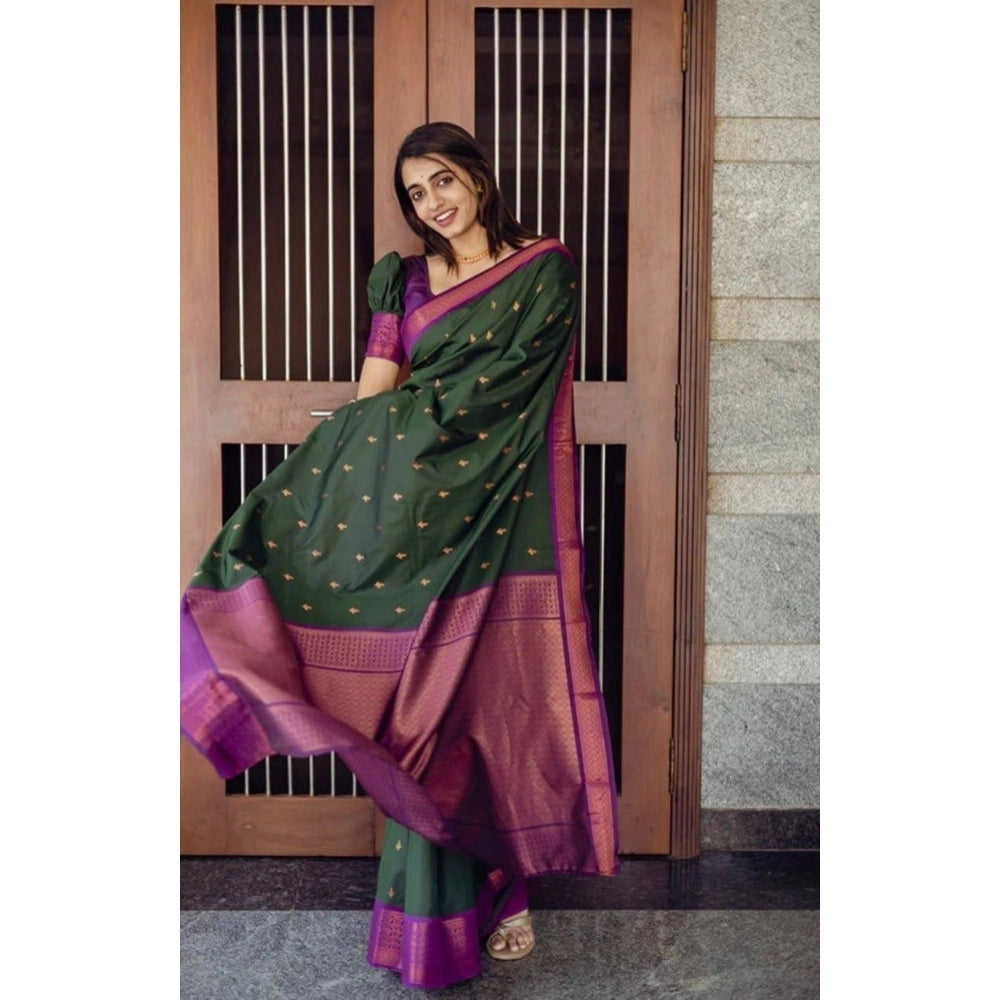 Women's Litchi silk Printed Saree With Unstitched Blouse (Dark Green)