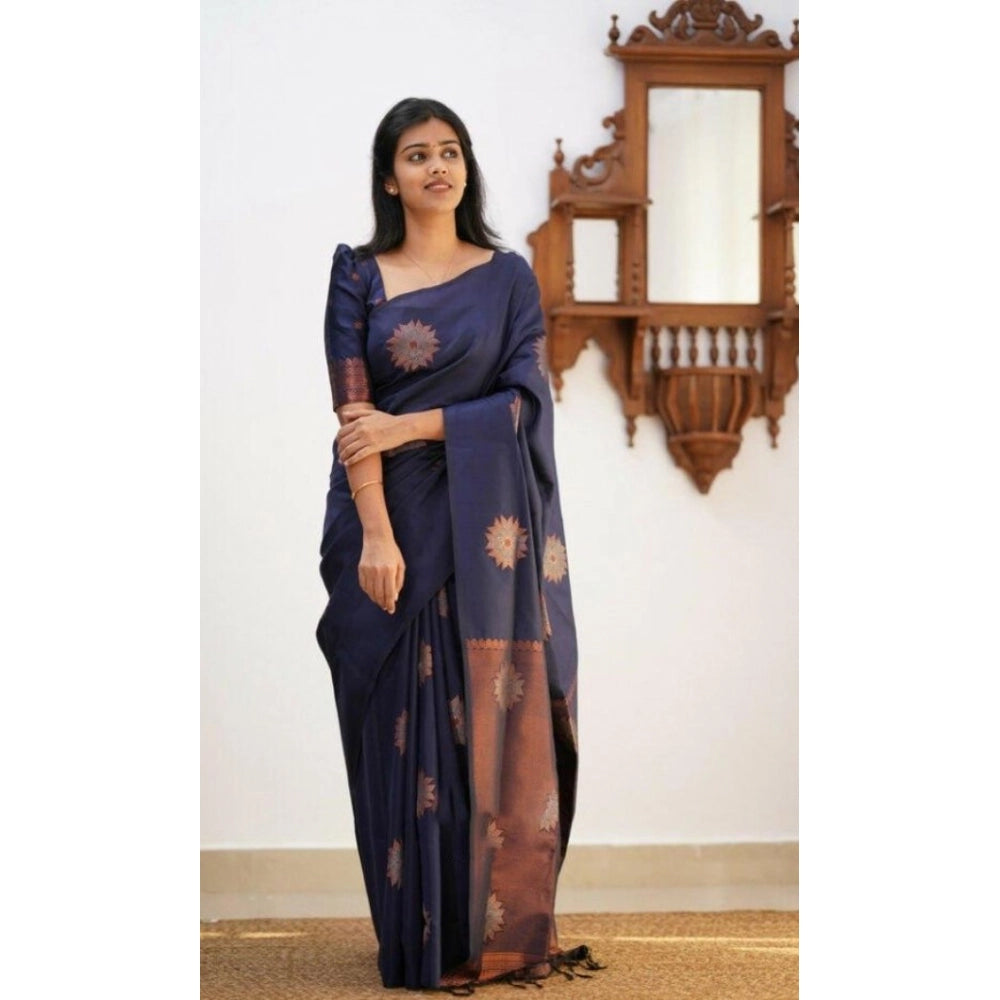 Women's Litchi silk Printed Saree With Unstitched Blouse (Dark Blue)