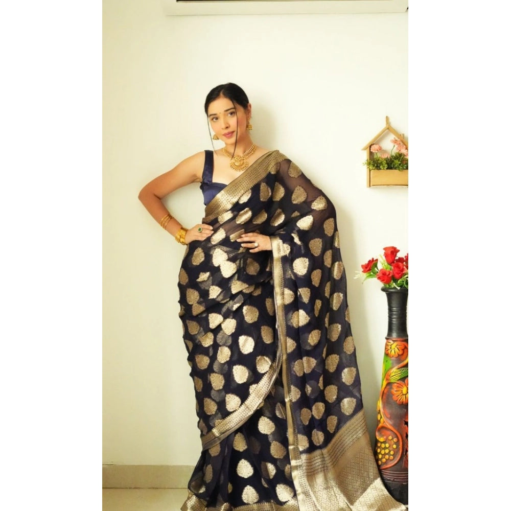 Women's Litchi silk Printed Saree With Unstitched Blouse (Black)