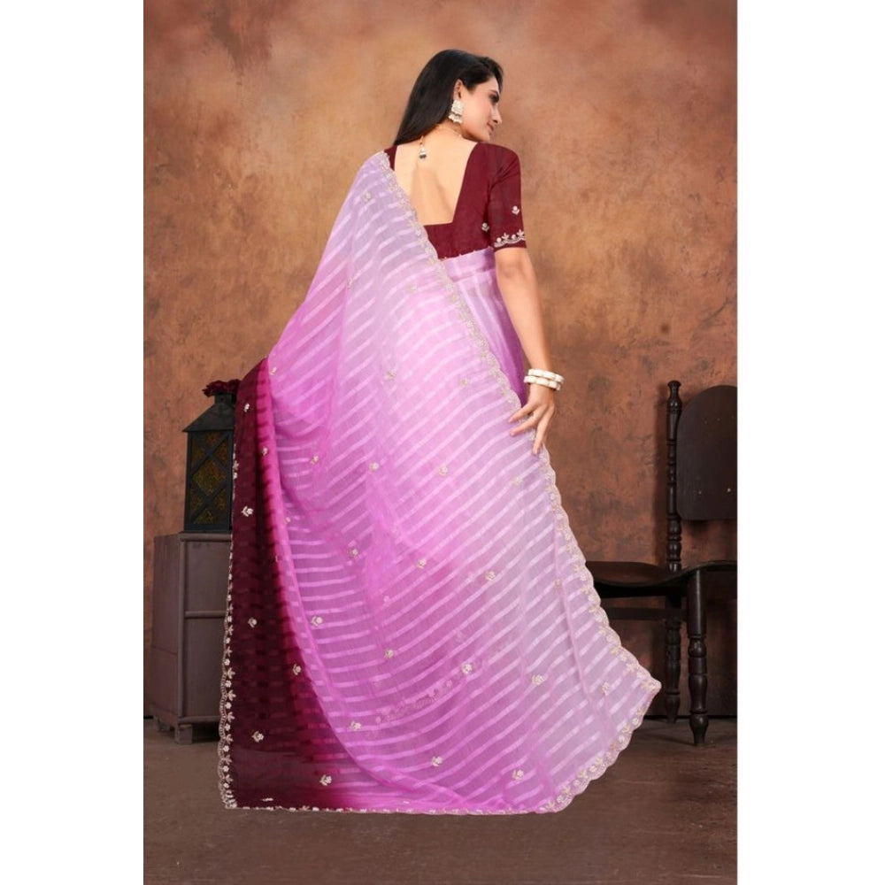 Women's Chiffon Embroidred Saree With Unstitched Blouse 5.5Mtr (Pink)