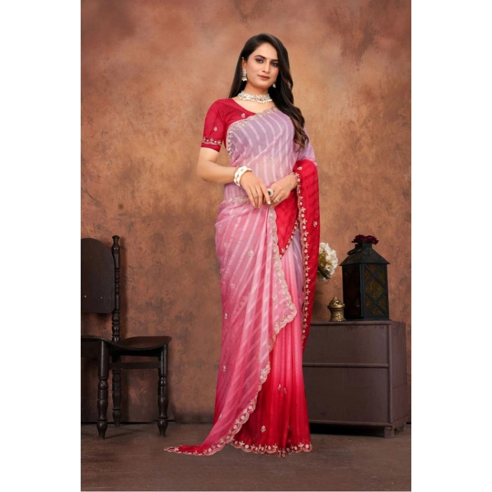 Women's Chiffon Embroidred Saree With Unstitched Blouse 5.5Mtr (Pink)