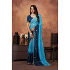 Women's Chiffon Embroidred Saree With Unstitched Blouse 5.5Mtr (Light Blue)