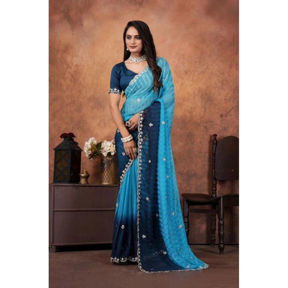 Women's Chiffon Embroidred Saree With Unstitched Blouse 5.5Mtr (Light Blue)