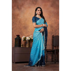Women's Chiffon Embroidred Saree With Unstitched Blouse 5.5Mtr (Light Blue)