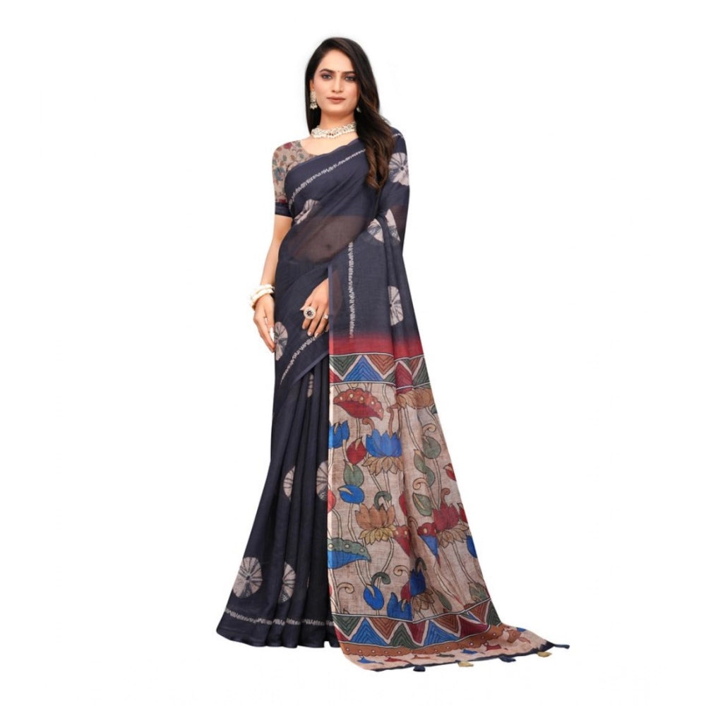 Women's Linen Printed Saree With Unstitched Blouse 5.5Mtr (Black)