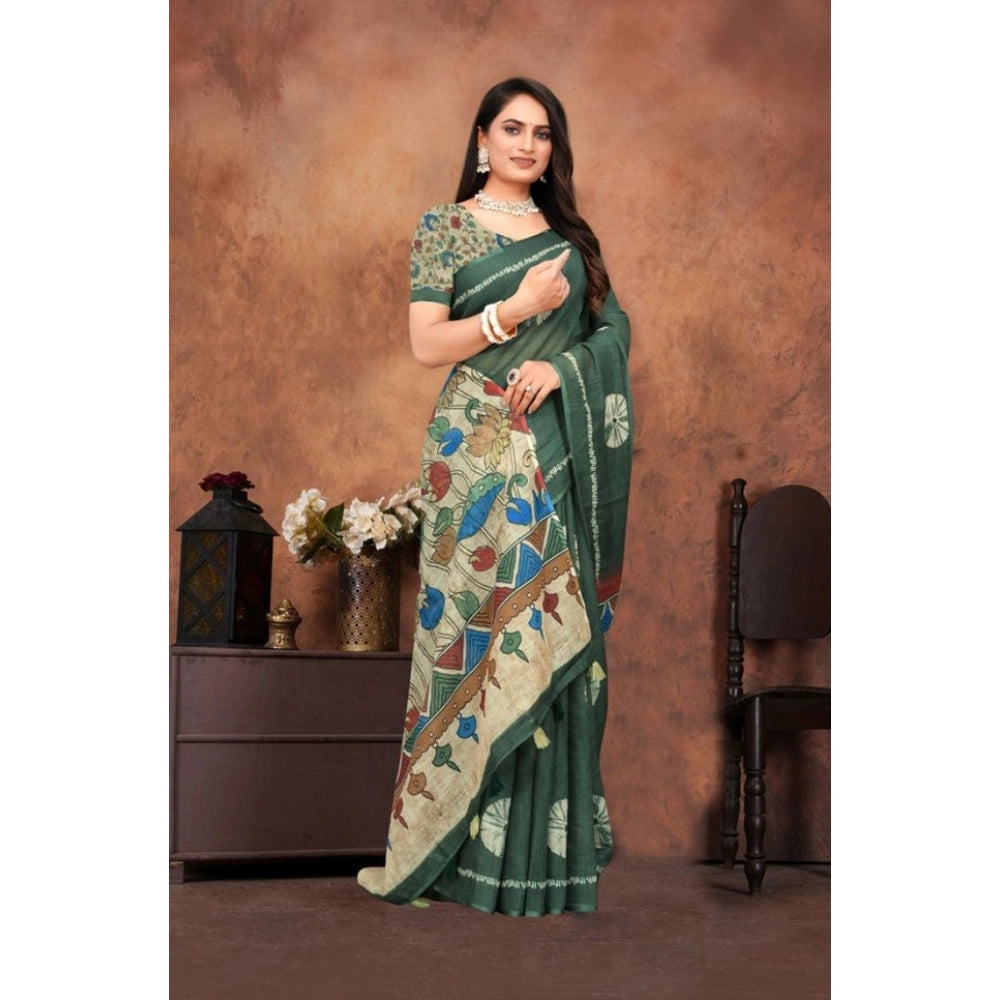 Women's Linen Printed Saree With Unstitched Blouse 5.5Mtr (Dark Green)