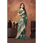 Women's Linen Printed Saree With Unstitched Blouse 5.5Mtr (Dark Green)