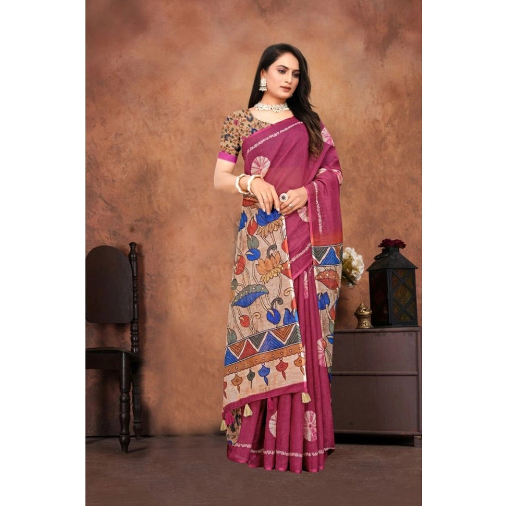 Women's Linen Printed Saree With Unstitched Blouse 5.5Mtr (Purple)