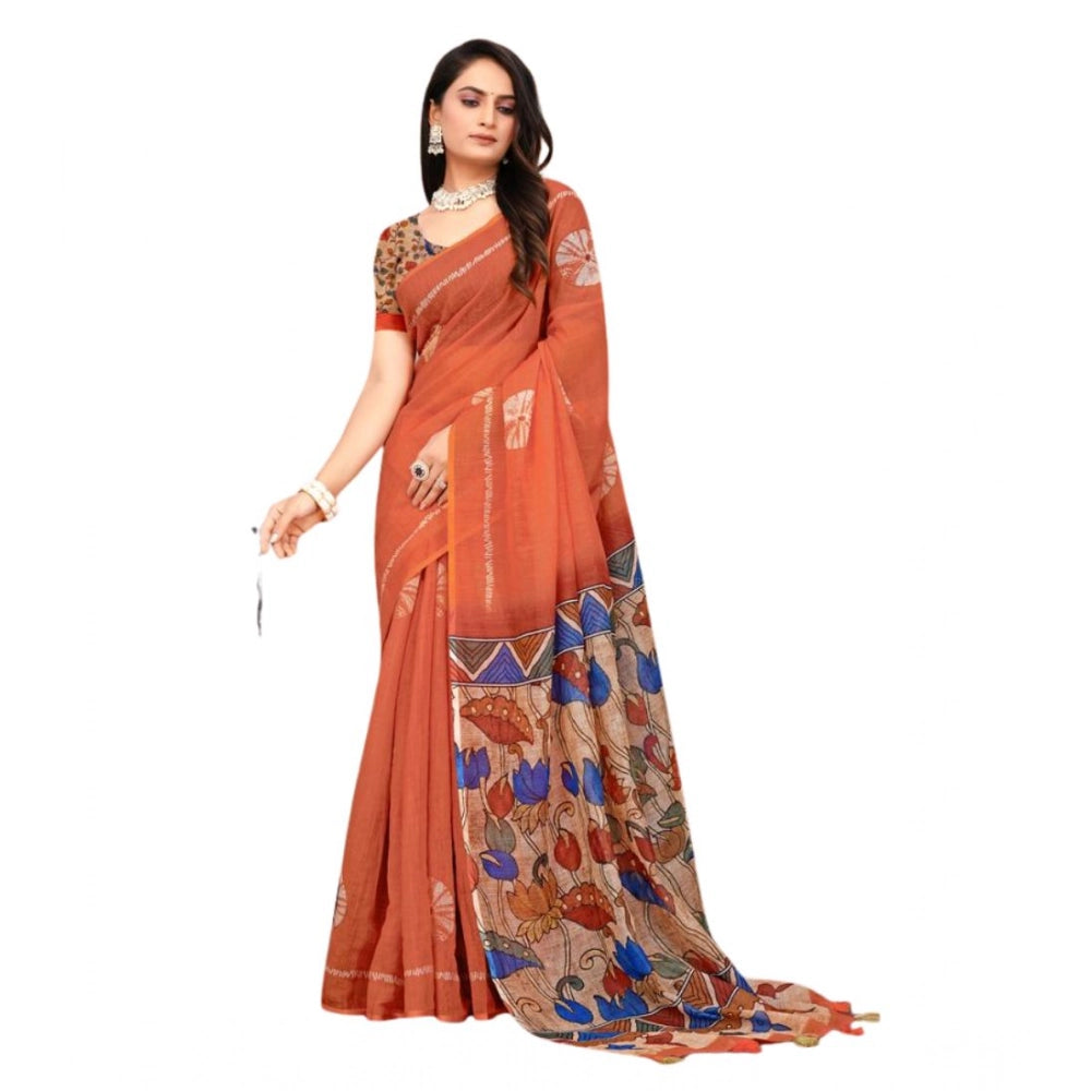 Women's Linen Printed Saree With Unstitched Blouse 5.5Mtr (Red)
