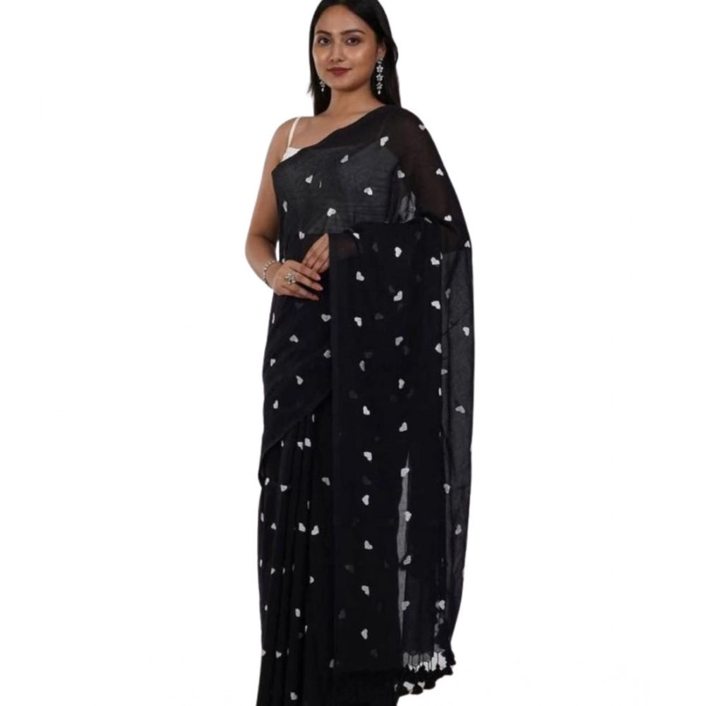 Women's Linen Printed Saree With Unstitched Blouse 5.5Mtr (Black)
