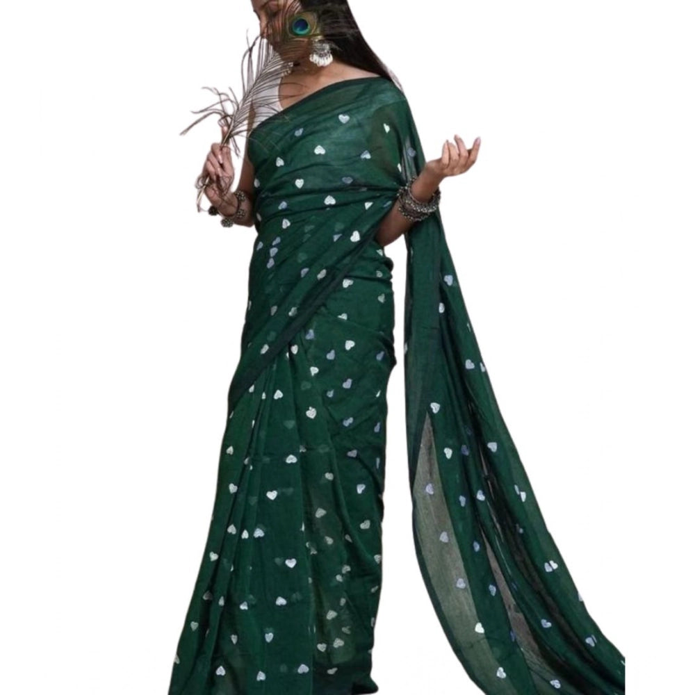 Women's Linen Printed Saree With Unstitched Blouse 5.5Mtr (Green)