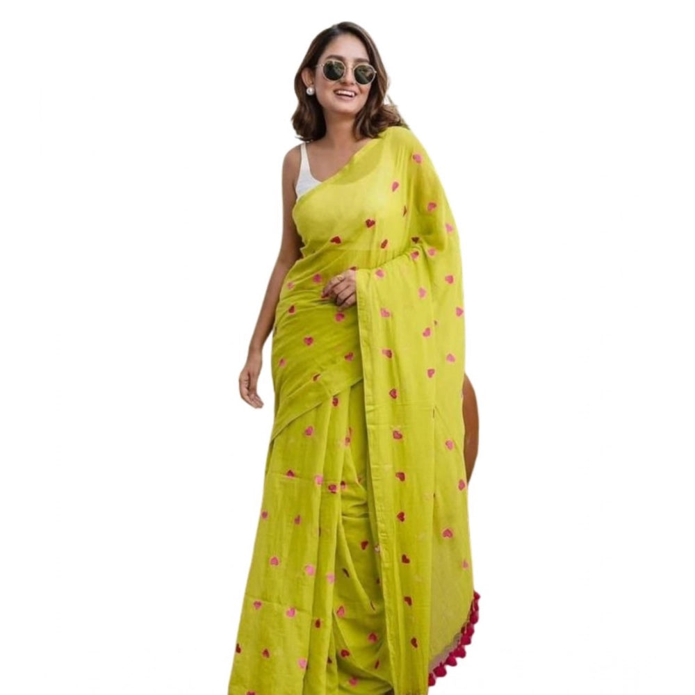 Women's Linen Printed Saree With Unstitched Blouse 5.5Mtr (Light Green)