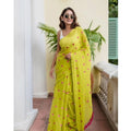 Women's Linen Printed Saree With Unstitched Blouse 5.5Mtr (Light Green)