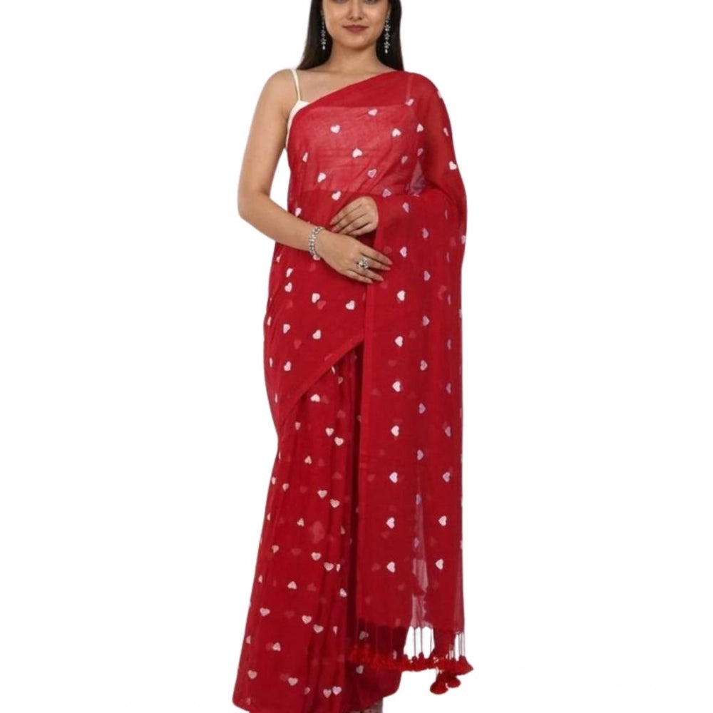 Women's Linen Printed Saree With Unstitched Blouse 5.5Mtr (Red)