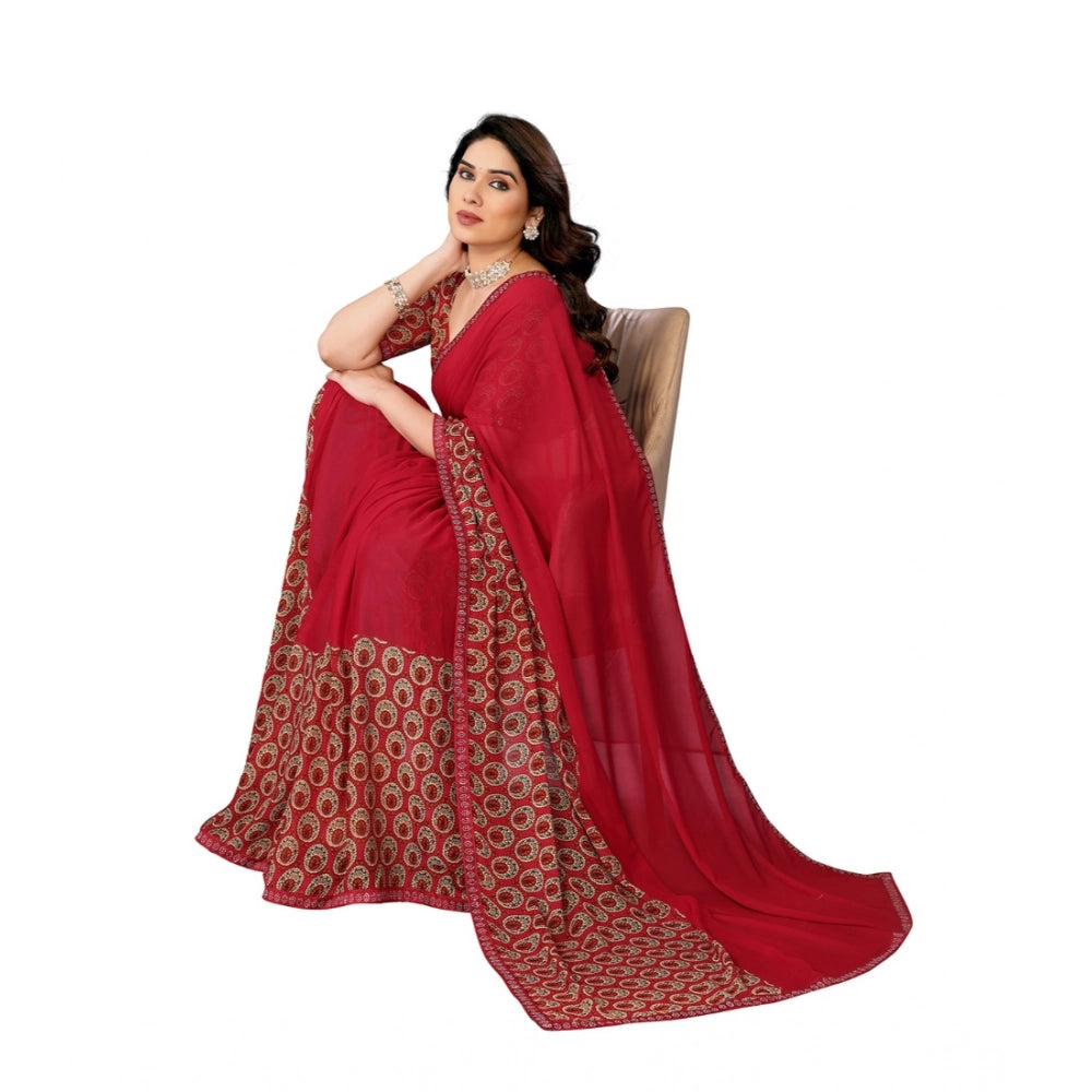 Women's Georgette Printed Saree With Unstitched Blouse 5.5Mtr (Red)