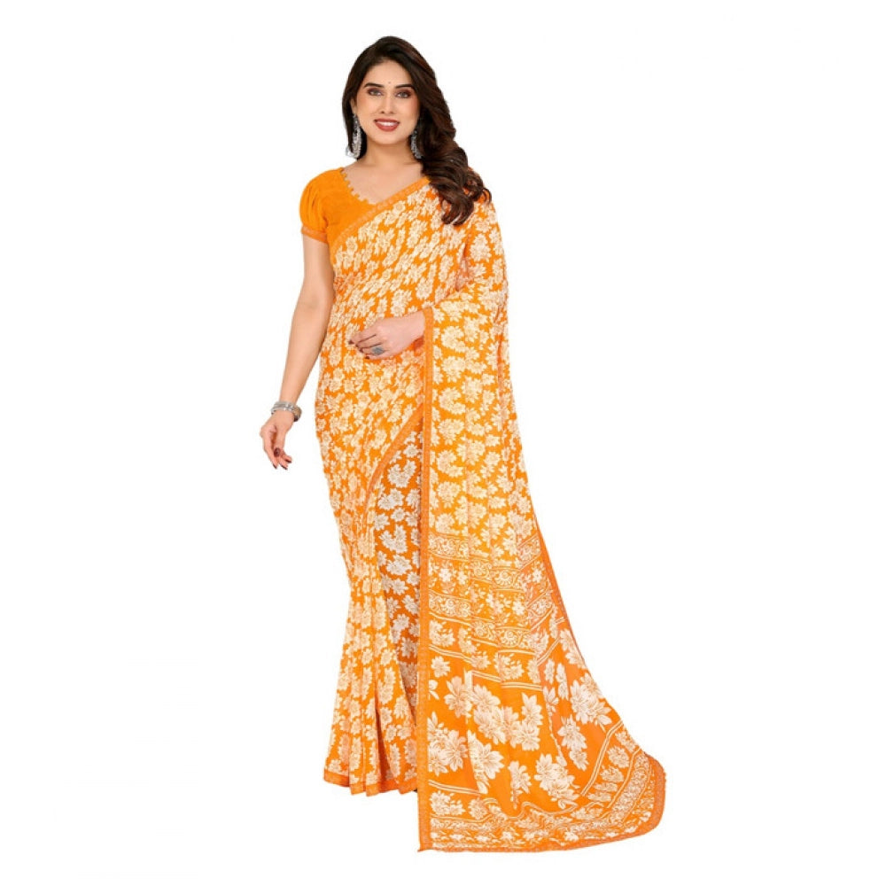 Women's Georgette Printed Saree With Unstitched Blouse 5.5Mtr (Yellow)