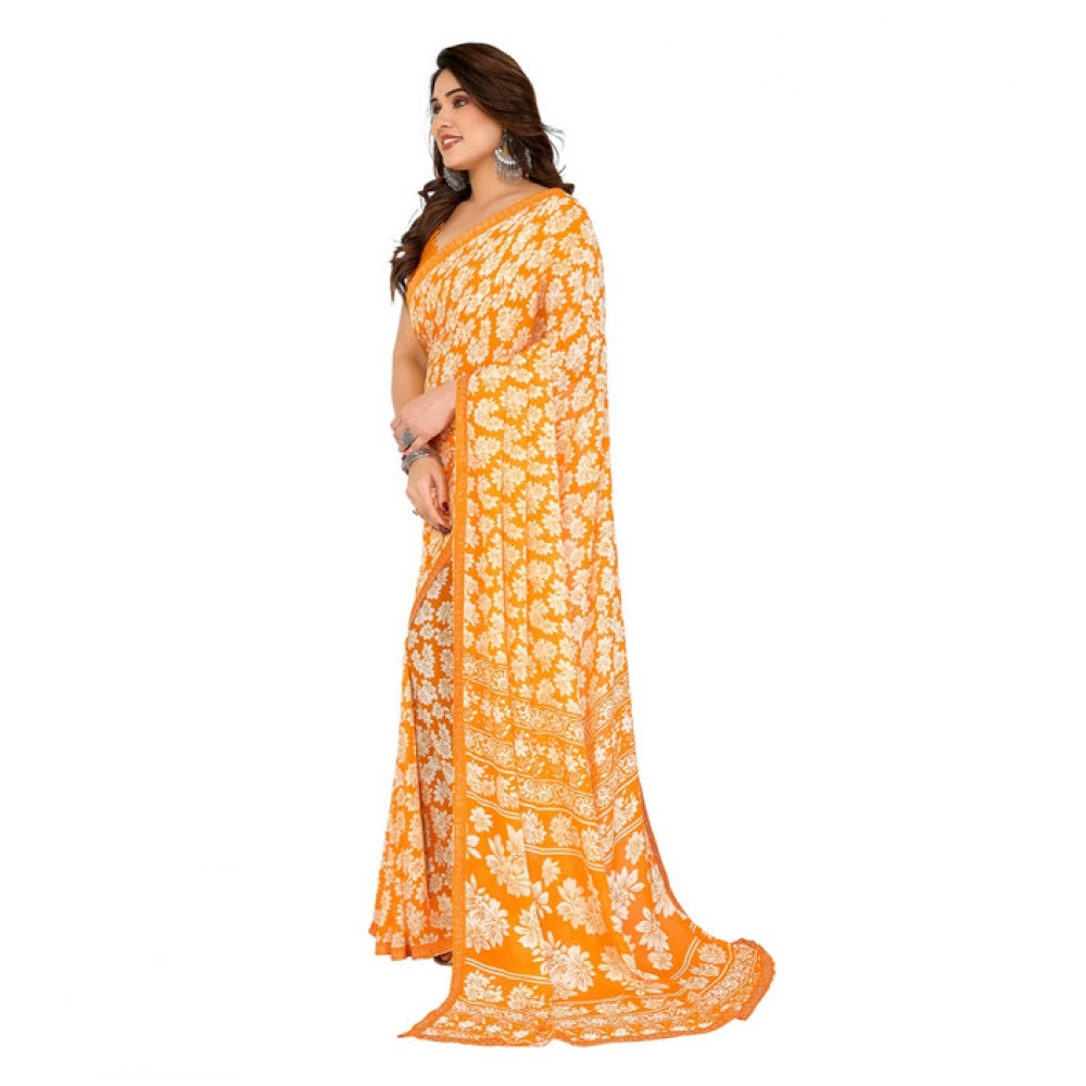 Women's Georgette Printed Saree With Unstitched Blouse 5.5Mtr (Yellow)