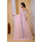 Women's Georgette Printed Saree With Unstitched Blouse 5.5Mtr (White-Red)