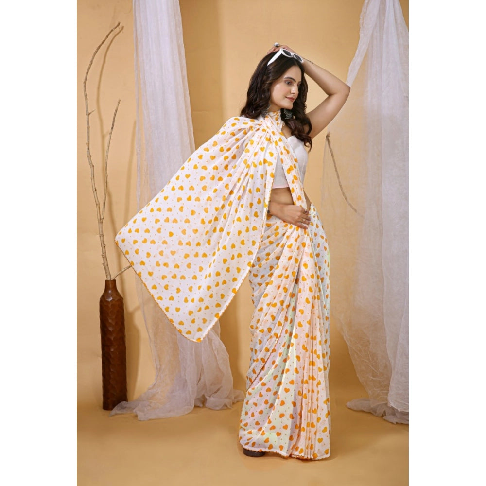 Women's Georgette Printed Saree With Unstitched Blouse 5.5Mtr (White-Yellow)