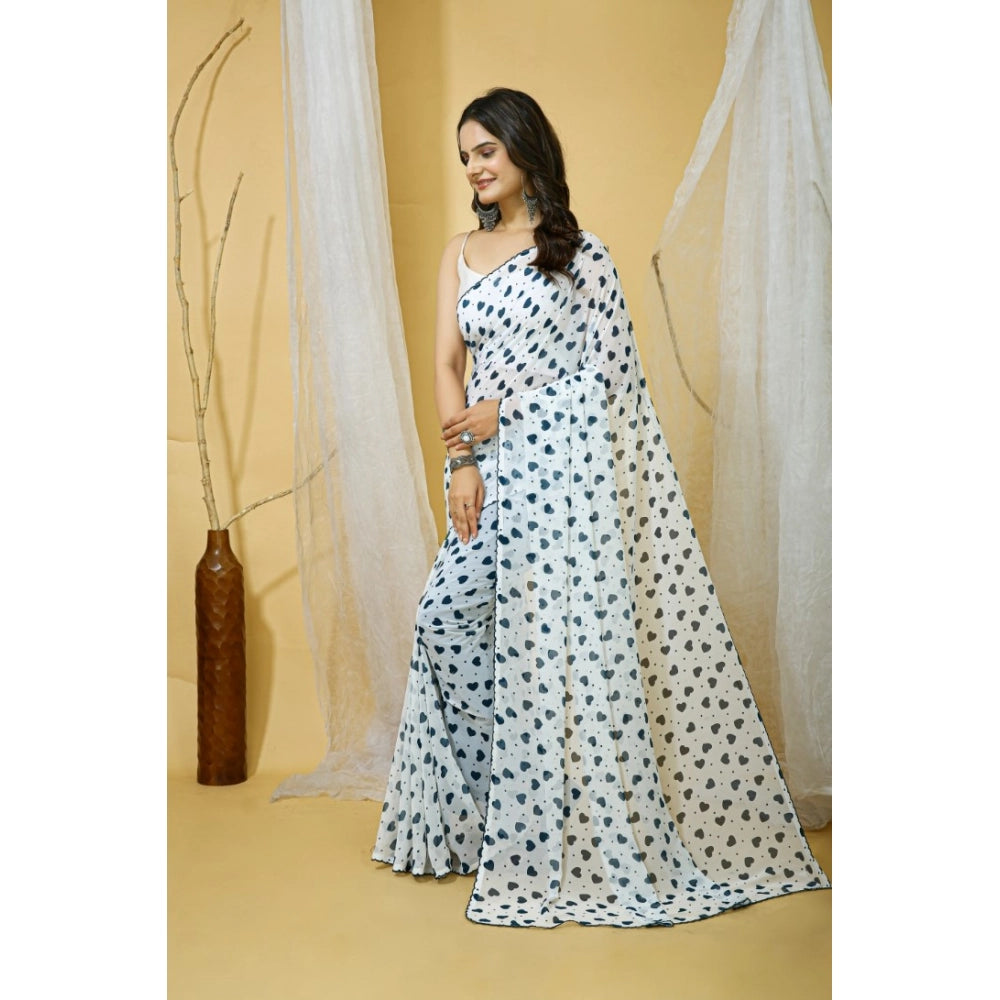 Women's Georgette Printed Saree With Unstitched Blouse 5.5Mtr (White)