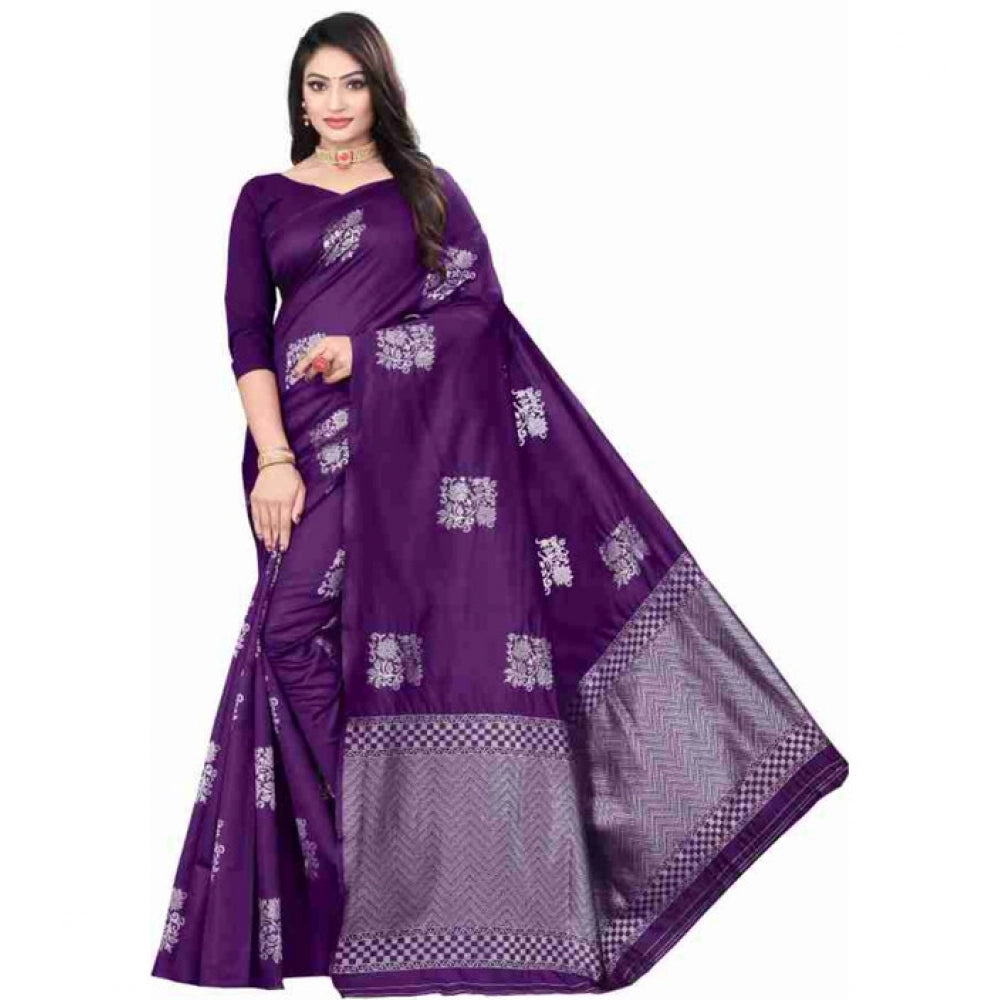 Women's Soft Lichi Silk Printed Saree With Unstitched Blouse 5.5Mtr (Purple)