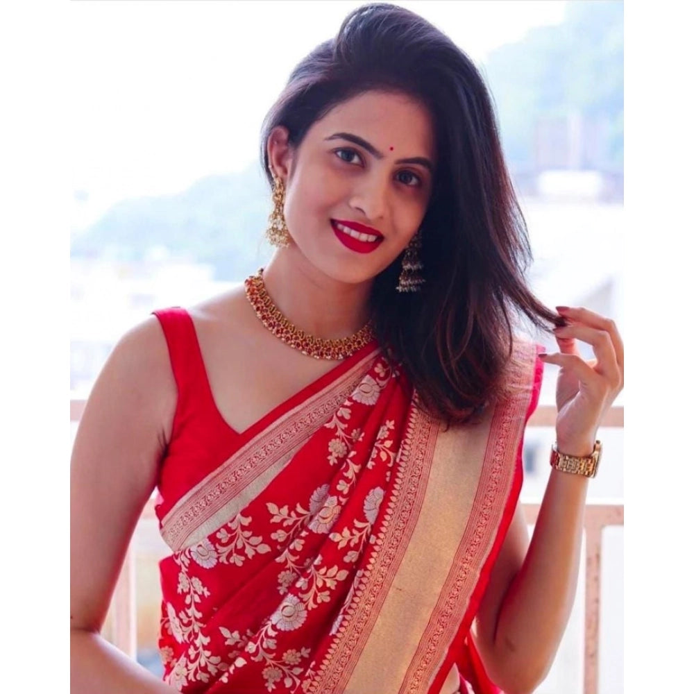 Women's Soft Lichi Silk Printed Saree With Unstitched Blouse 5.5Mtr (Red)