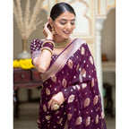 Women's Soft Lichi Silk Printed Saree With Unstitched Blouse 5.5Mtr (Purple)