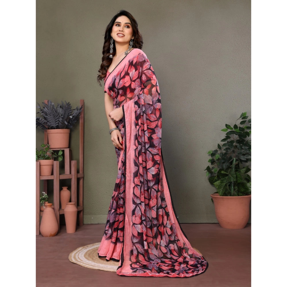 Women's Chiffon Printed Saree With Unstitched Blouse 5.5Mtr (Pink)