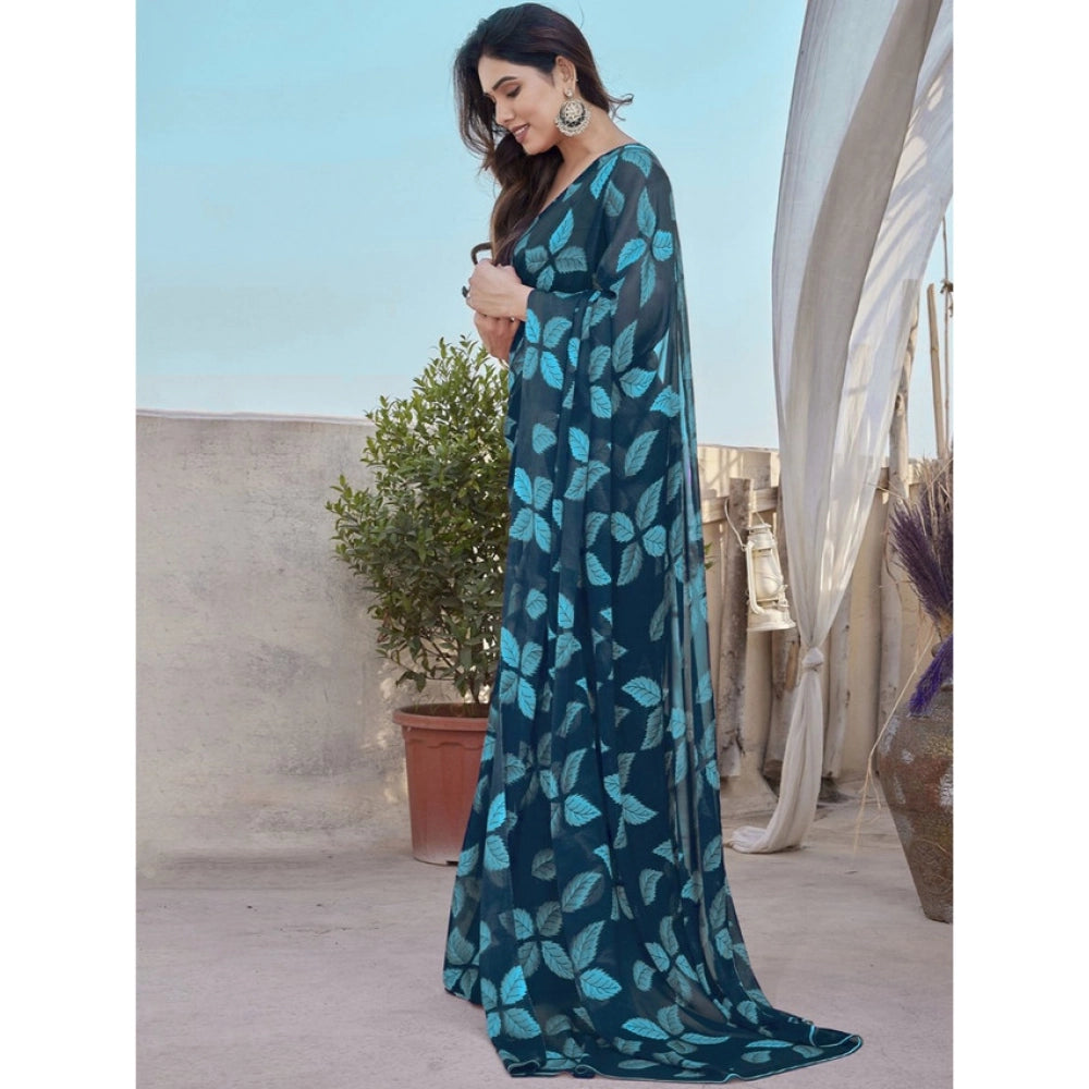 Women's Chiffon Printed Saree With Unstitched Blouse 5.5Mtr (Blue)