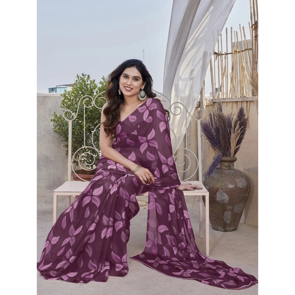 Women's Chiffon Printed Saree With Unstitched Blouse 5.5Mtr (Purple)