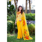 Women's Georgette  Printed Saree With Unstitched Blouse 5.5Mtr (Yellow)