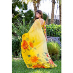 Women's Georgette  Printed Saree With Unstitched Blouse 5.5Mtr (Yellow)