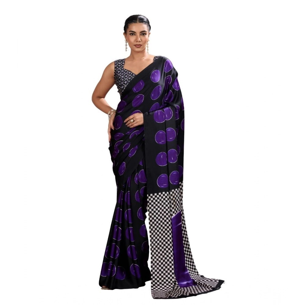 Women's Satin Crepe Printed Saree With Unstitched Blouse 5.5Mtr (Purple)