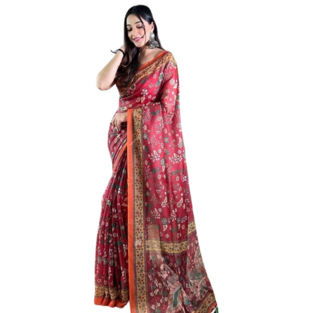 Women's Linen Printed Saree With Unstitched Blouse 5.5Mtr (Red)