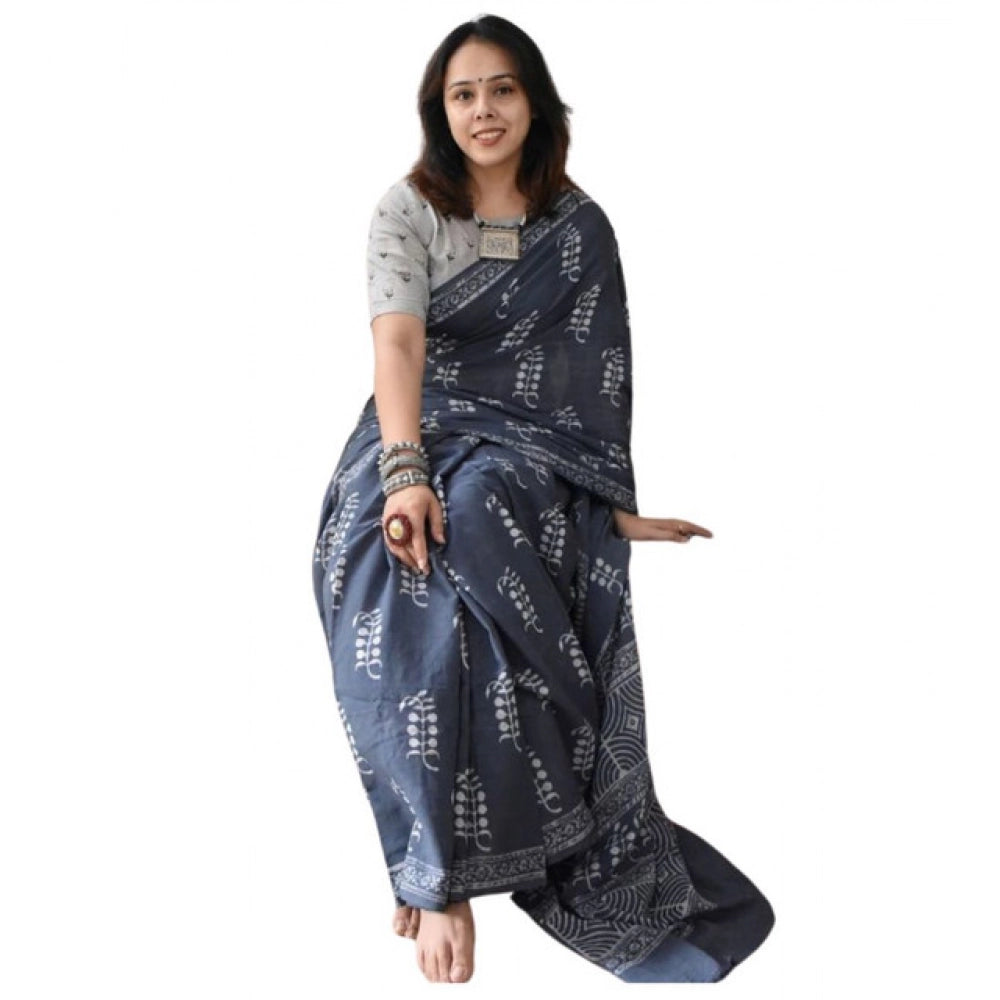 Women's Linen Printed Saree With Unstitched Blouse 5.5Mtr (Grey)